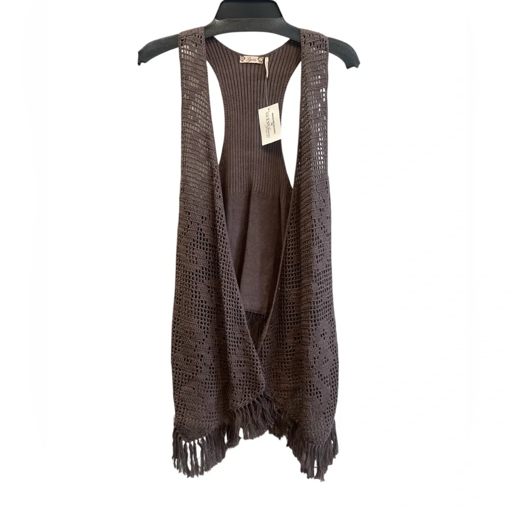 Guess Jeans 100% Cotton Bohemian/Western Brown Knit Crochet Open Vest